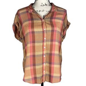 Alexander Jordan Sz M Button Down Plaid Roll Tab Short Sleeve Shirt Pink Brown